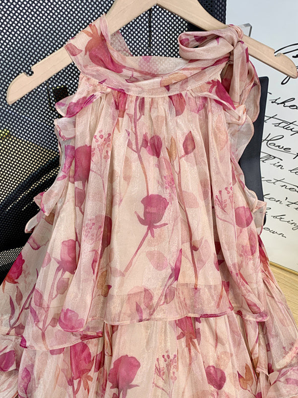 xakxx Loose Puff Sleeves Floral Printed Lace-Up Tiered Cold Shoulder Mini Dresses