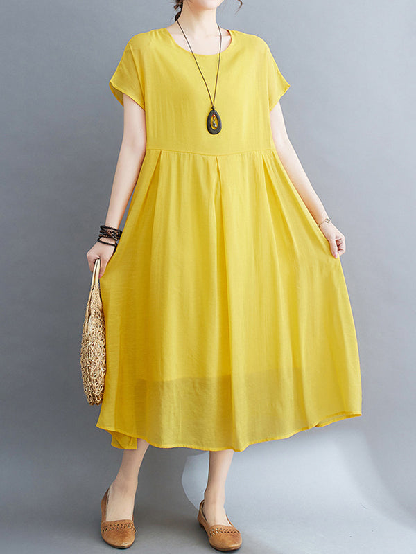 xakxx Loose Short Sleeves Solid Color Split-Joint Round-Neck Midi Dresses