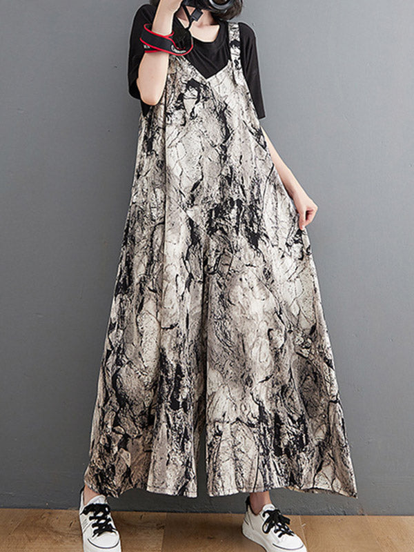 xakxx Vintage Printed Loose Wide Leg Overalls