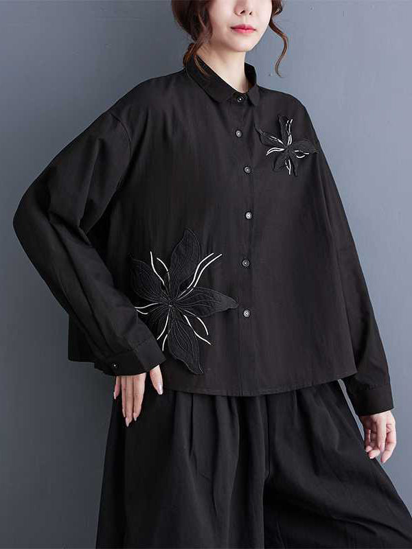 xakxx Long Sleeves Loose Applique Buttoned Embroidered Lapel Blouses&Shirts Tops