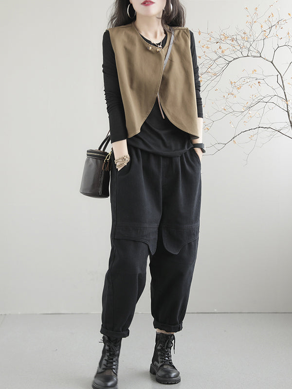 xakxx Artistic Retro Loose Sleeveless Solid Color Round-Neck Vest Outerwear