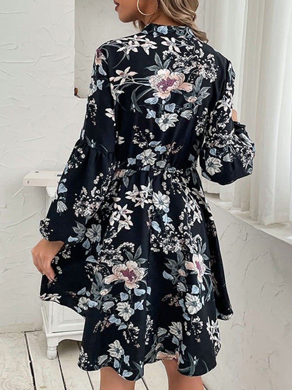 xakxx A-Line High Waisted Buttoned Drawstring Elasticity Flower Print V-Neck Mini Dresses