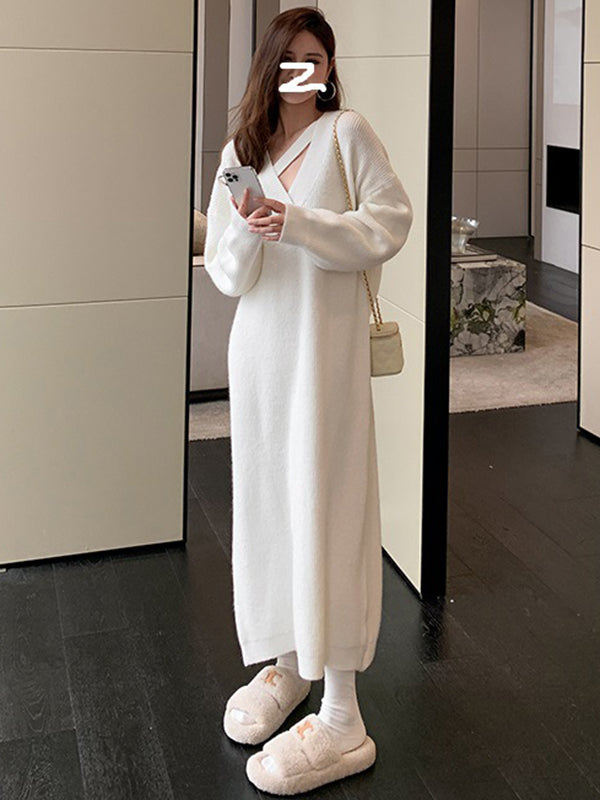 xakxx Urban Loose Long Sleeves Solid Color V-Neck Sweater Dresses