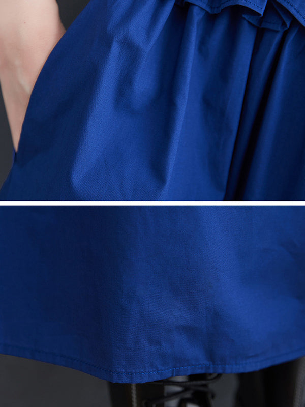 xakxx Simple Short Sleeves Loose Buttoned Falbala Split-Joint Solid Color Midi Shirt Dress