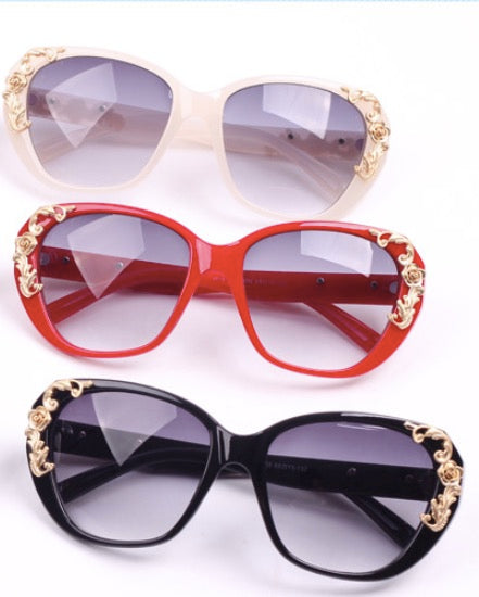 xakxx Women's Vintage Gold-tone Roses Carving Oversize Black Frame Sunglasses