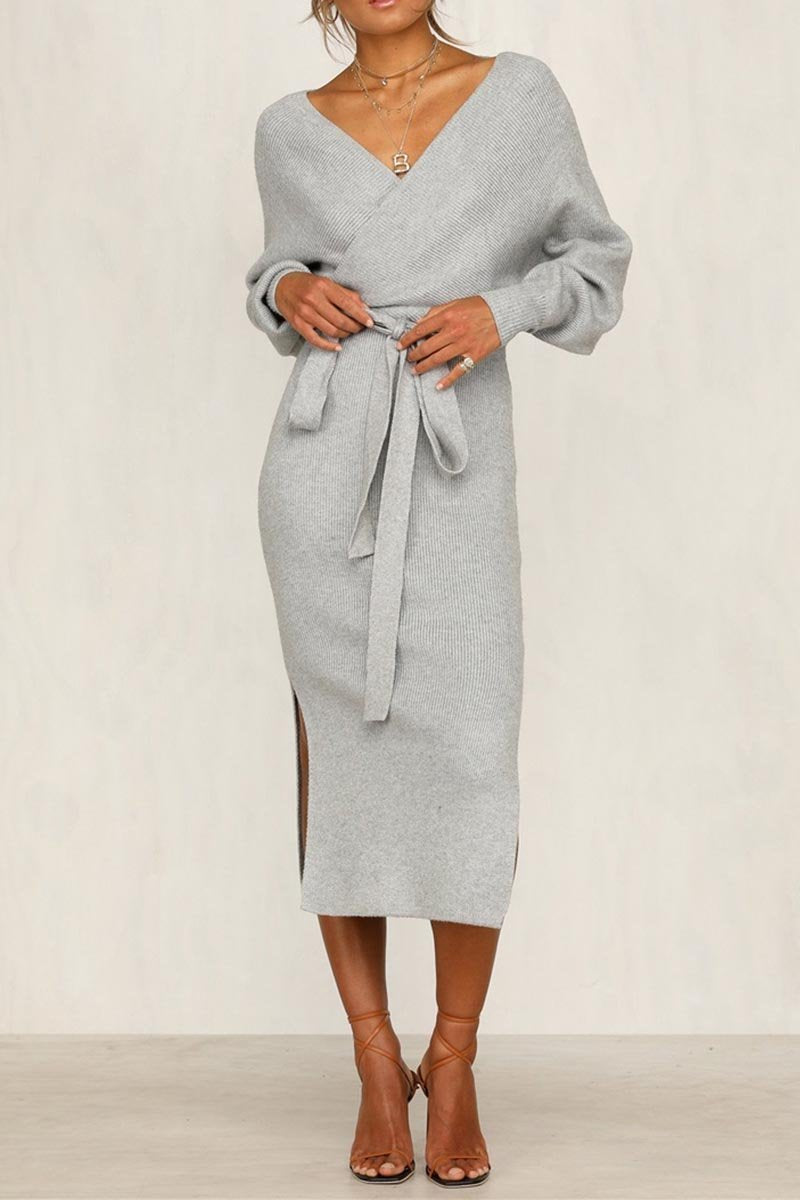 Xakxx V Neck Backless Sweater Dress(5 Colors)