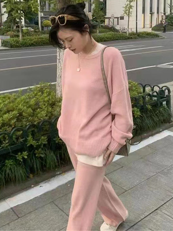 xakxx xakxx-Casual Loose Solid Color Round-Neck Sweater Tops & Wide Leg Pants Suits