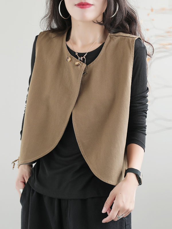 xakxx Artistic Retro Loose Sleeveless Solid Color Round-Neck Vest Outerwear