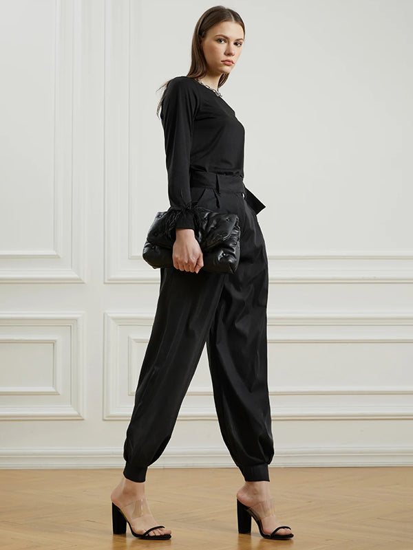 xakxx Simple High Waisted Black Casual Harem Pants Bottoms