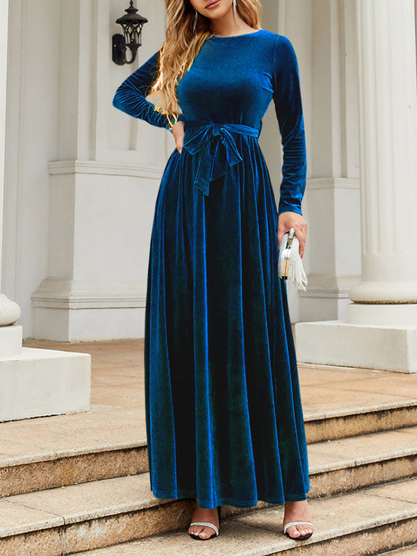 xakxx Long Sleeves Wrap Belted Pleated Solid Color Zipper Round-Neck Maxi Dresses