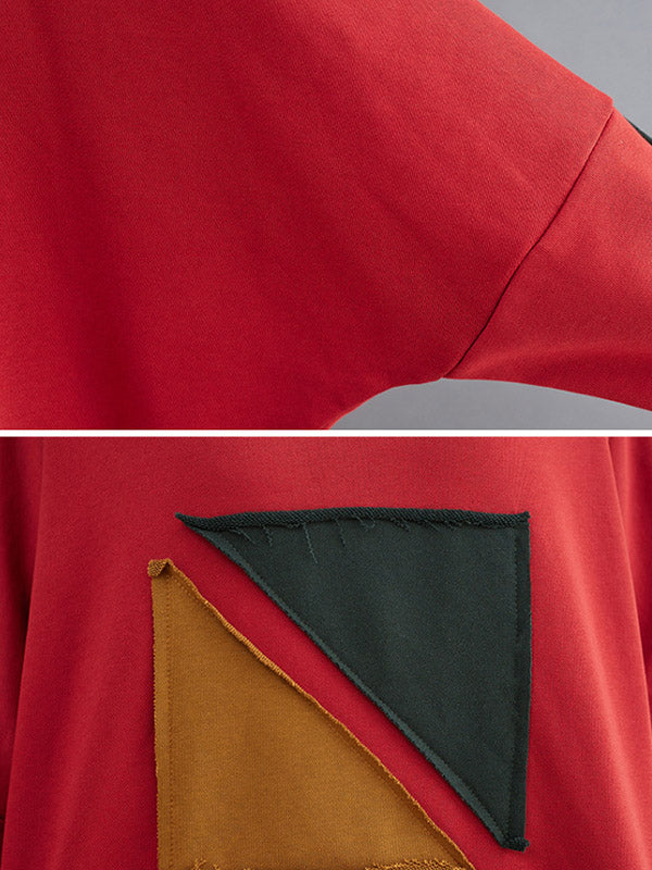 xakxx Artistic Retro Loose Triangle Applique Contrast Color Round-Neck Long Raglan Sleeves Sweatshirt