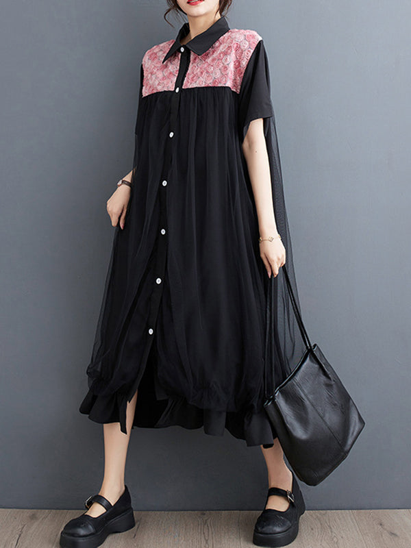 xakxx Loose Short Sleeves Falbala Printed Split-Joint Lapel Midi Dresses