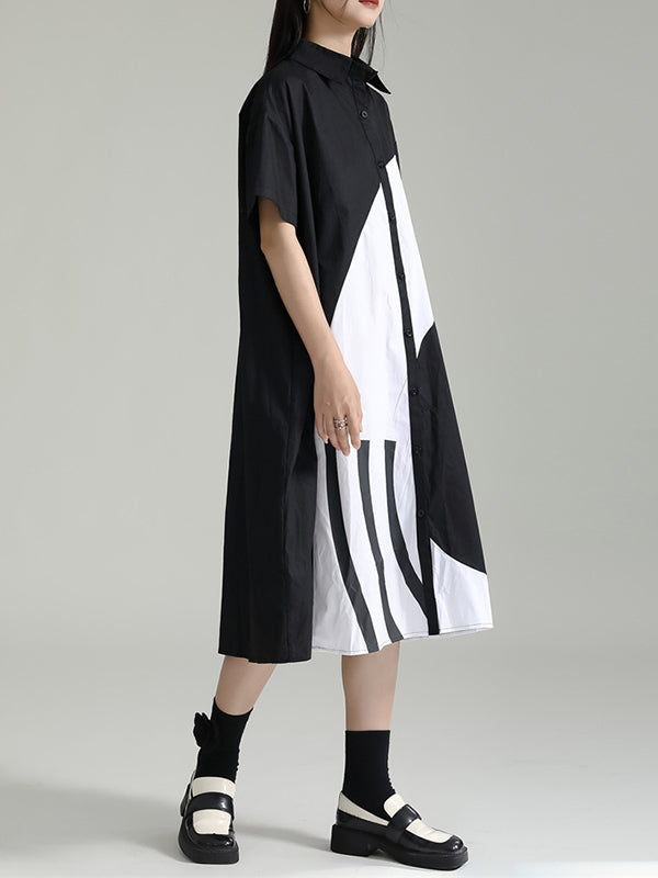 xakxx Loose Short Sleeves Asymmetric Contrast Color Split-Joint Lapel Midi Dresses Shirt Dress
