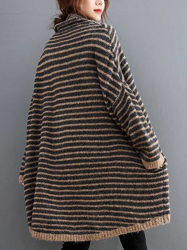 xakxx xakxx-Loose Striped High-Low Heaps Collar Long Sleeves Knitwear