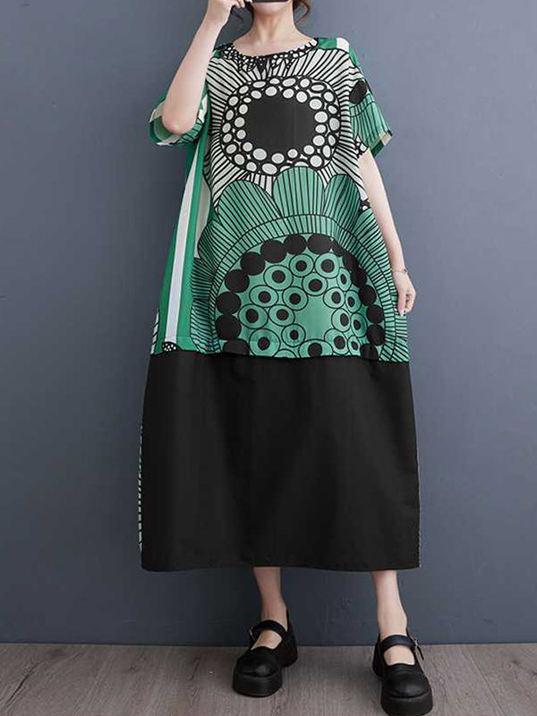xakxx A-Line Loose Flower Print Pockets Split-Joint Round-Neck Midi Dresses