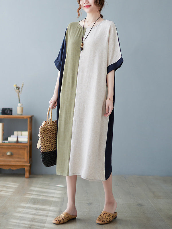xakxx Half Sleeves Loose Contrast Color Round-Neck Midi Dresses