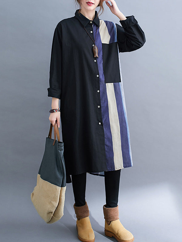 xakxx Original Buttoned Contrast Color Split-Joint Long Sleeves Lapel Blouse