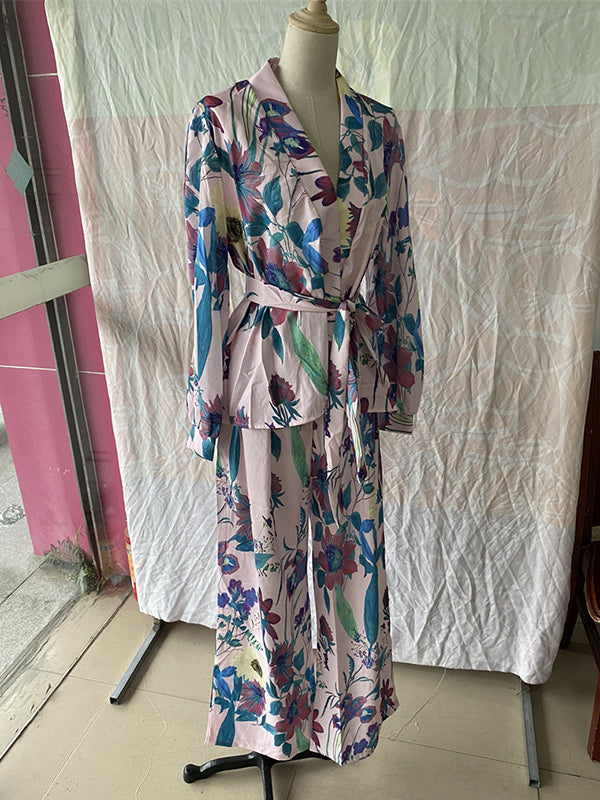 xakxx High Waisted Long Sleeves Flower Print Tied Waist V-Neck Shirts Top + Pants Bottom Two Pieces Set