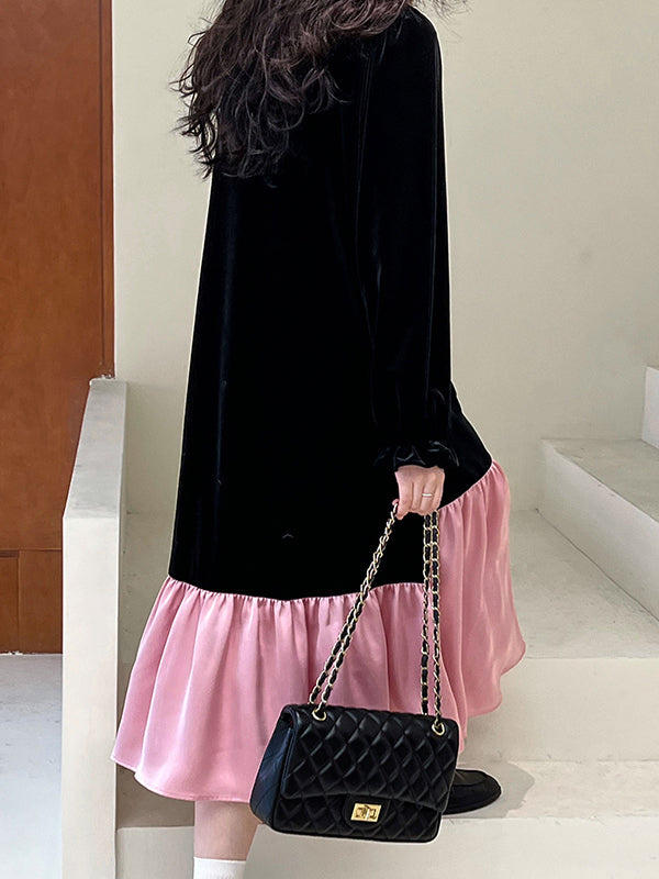 xakxx Flared Sleeves Long Sleeves Contrast Color Pleated Ruffled Split-Joint Velvet Round-Neck Midi Dresses