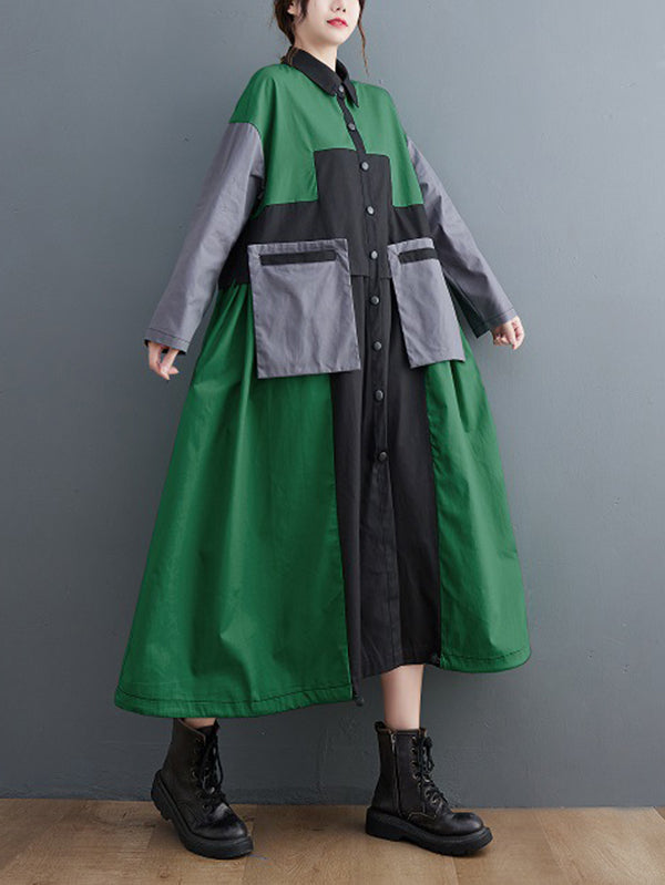 xakxx Vintage Loose Long Sleeves Contrast Color Polo Midi Dresses