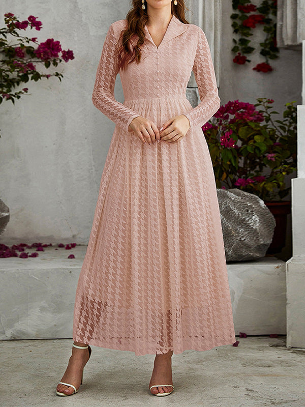 xakxx High Waisted Long Sleeves Buttoned Gauze See-Through Solid Color V-Neck Maxi Dresses