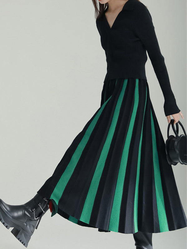 xakxx A-Line Loose Contrast Color Pleated Skirts Bottoms