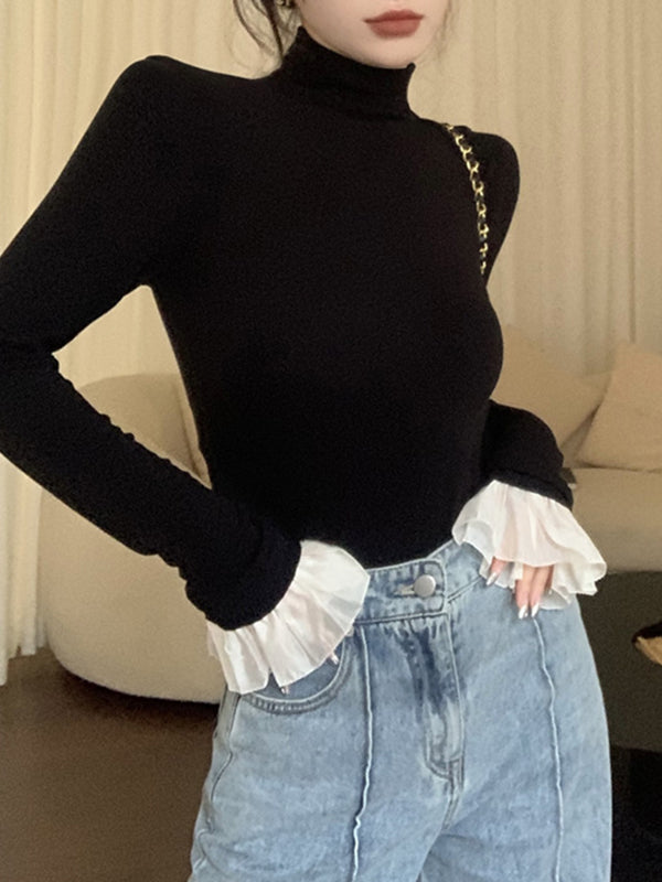 xakxx Long Sleeves Skinny Pleated Split-Joint High Neck T-Shirts