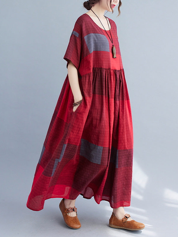 xakxx Artistic Retro Loose Color-Block Pleated Round-Neck Half Sleeves Midi Dress