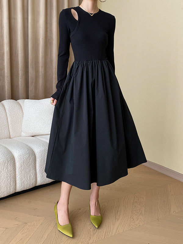 xakxx A-Line Long Sleeves Elasticity Hollow Solid Color Split-Joint Round-Neck Midi Dresses