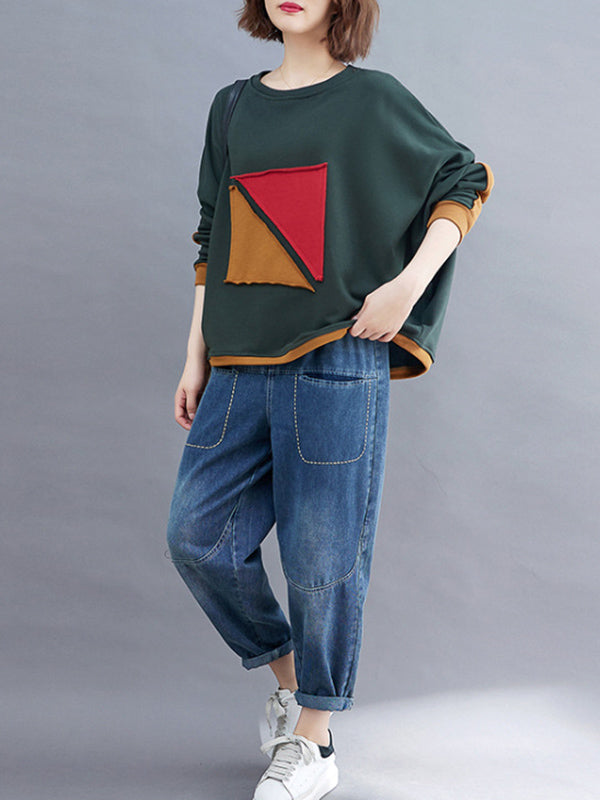 xakxx Artistic Retro Loose Triangle Applique Contrast Color Round-Neck Long Raglan Sleeves Sweatshirt