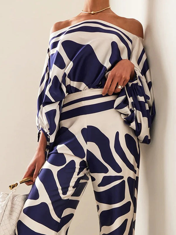 xakxx Printed Off-The-Shoulder Top + Wide Leg Pants Two Pieces Set