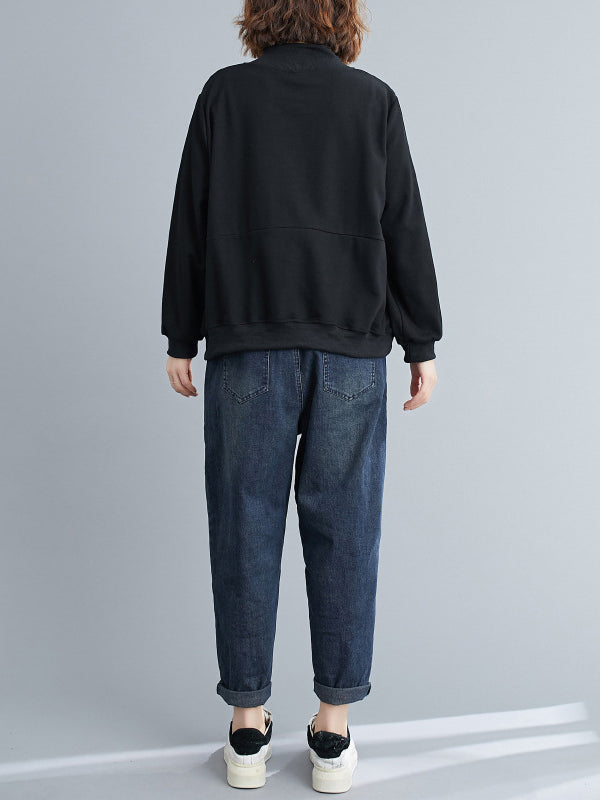 xakxx Simple Long Sleeves Loose Split-Joint Solid Color High-Neck Sweatshirt Tops