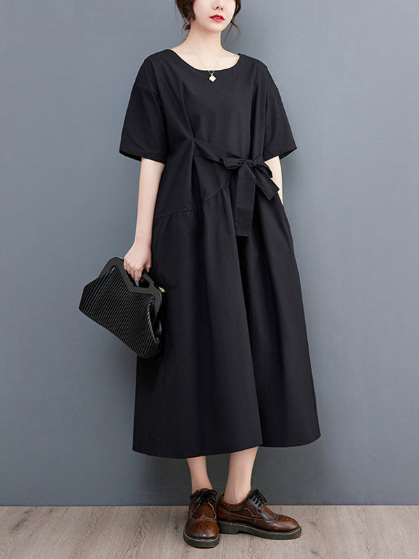 xakxx Casual Half Sleeves Loose Solid Color Round-Neck Midi Dresses