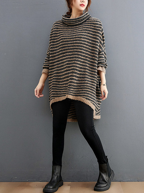 xakxx xakxx-Loose Striped High-Low Heaps Collar Long Sleeves Knitwear