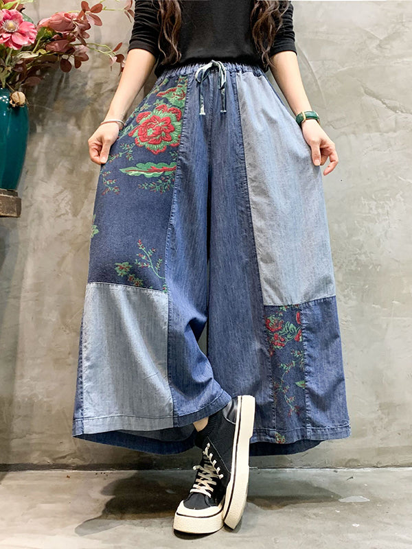 xakxx Casual Wide Leg Loose Color-Block Bandage Embroidered Jean Pants Bottoms