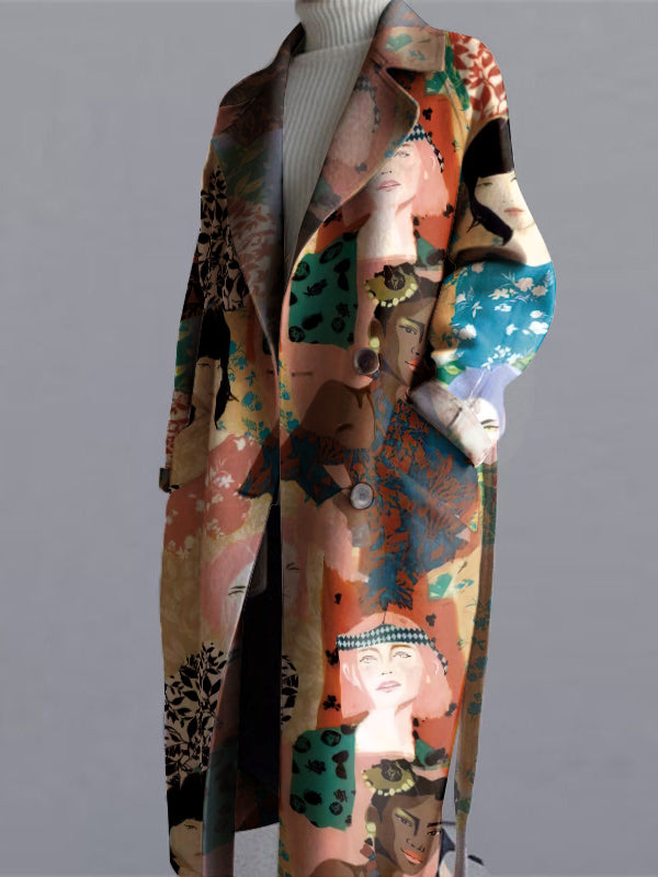 xakxx Long Sleeves Buttoned Figure Printed Notched Collar Woolen Coat