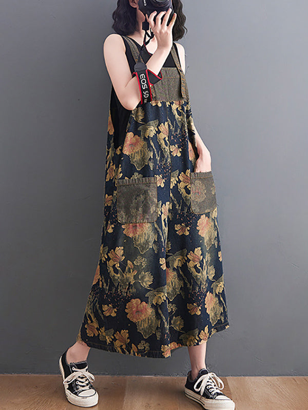 xakxx Oversize Wide Leg Floral Printed Split-Joint Overalls