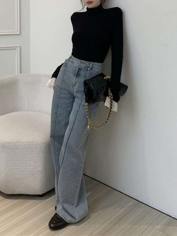 xakxx Long Sleeves Skinny Pleated Split-Joint High Neck T-Shirts
