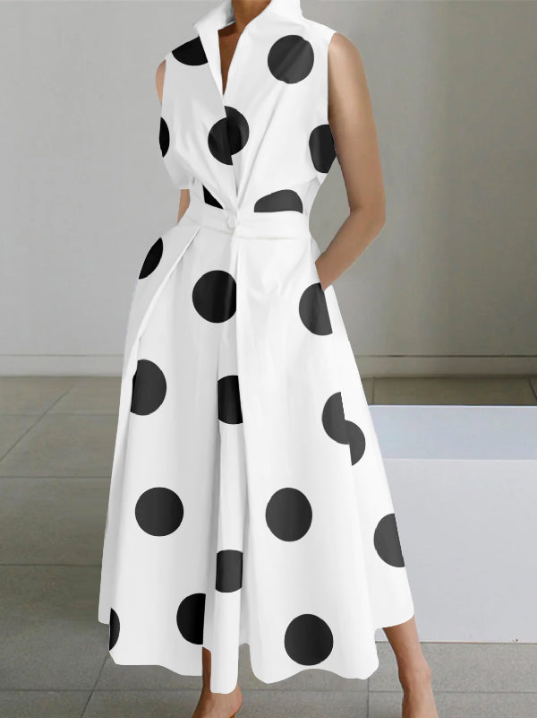 xakxx Sleeveless Polka Dot Lapel Midi Dresses