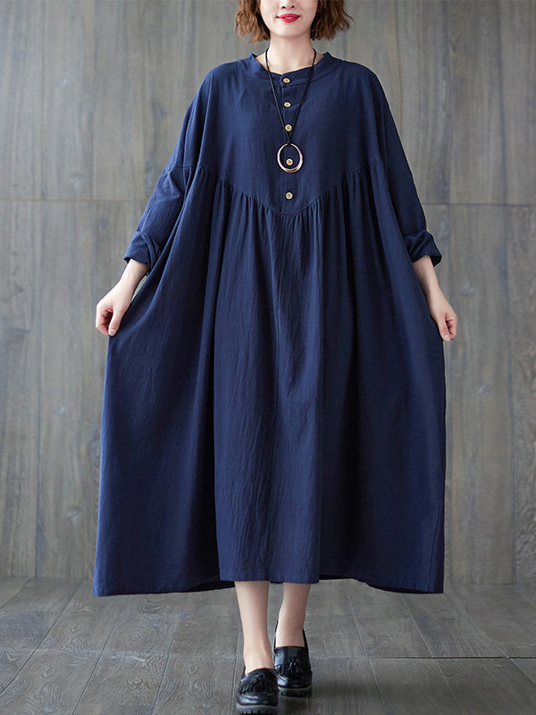 xakxx Loose Puff Sleeves Pleated Solid Color Stand Collar Midi Dresses