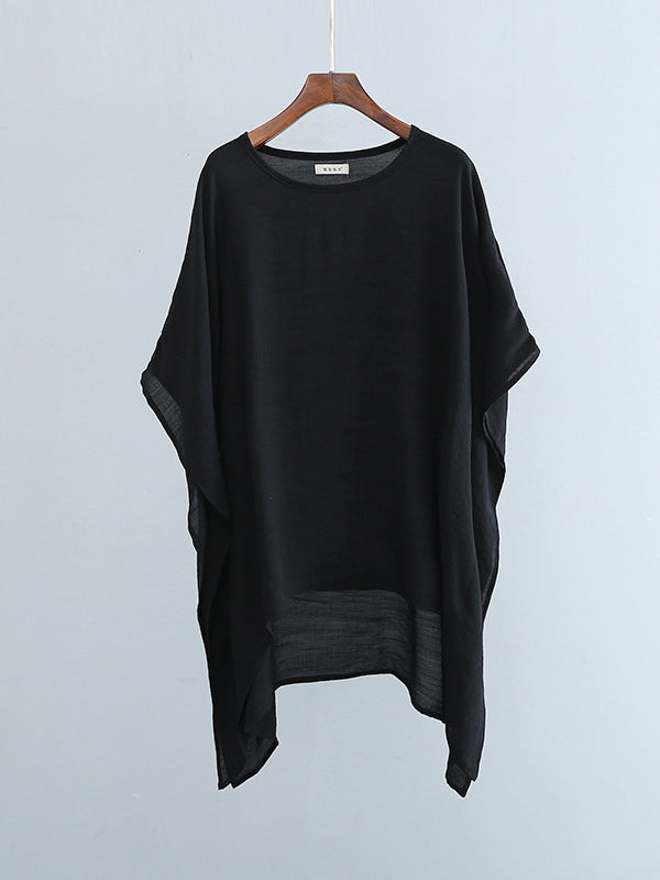 xakxx Half Sleeves High-Low See-Through Solid Color Round-Neck Blouses