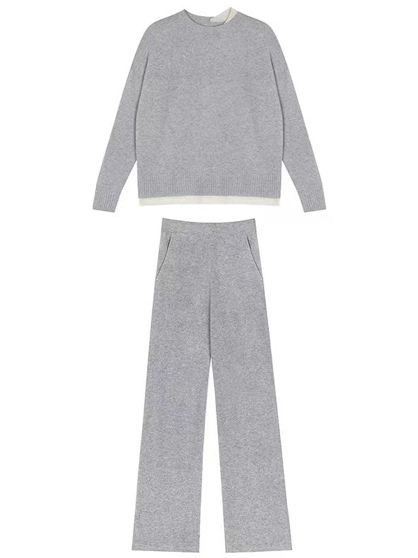 xakxx xakxx-Casual Loose Solid Color Round-Neck Sweater Tops & Wide Leg Pants Suits