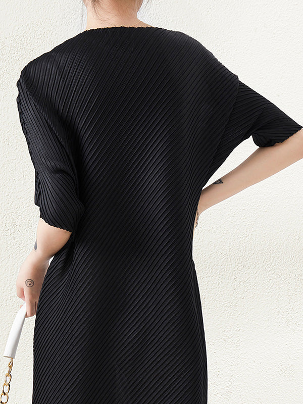xakxx Stylish Irregularity Loose Pleated Solid Color Round-Neck Midi Dresses