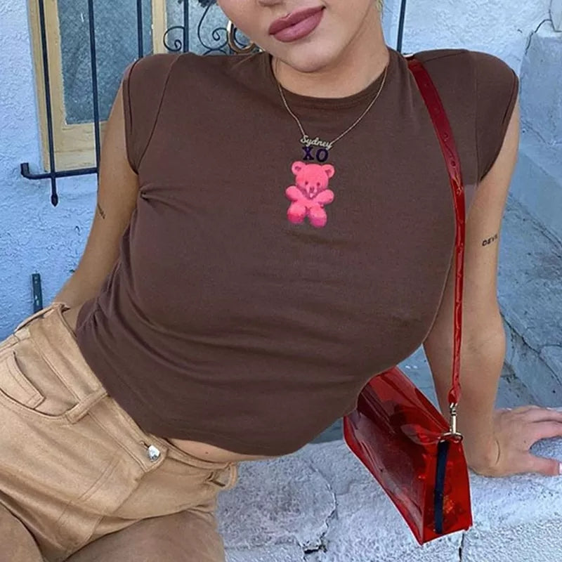 Bear Baby Tee Cartoon Bear Graphic Short Sleeve Crop Tank Top Women Aesthetic e-Girl Y2K Outfit /