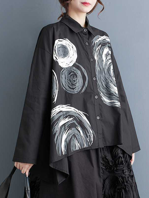 xakxx Long Sleeves Loose Asymmetric Printed Split-Joint Lapel Blouses