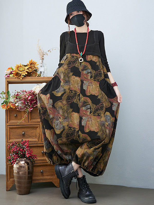 xakxx Artistic Retro Vintage Loose Floral Printed Square-Neck Sleeveless Overalls