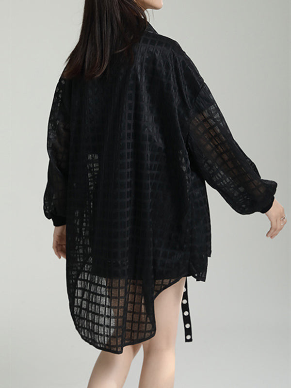 xakxx High-Low Long Sleeves Gauze See-Through Round-Neck Blouses&Shirts Tops