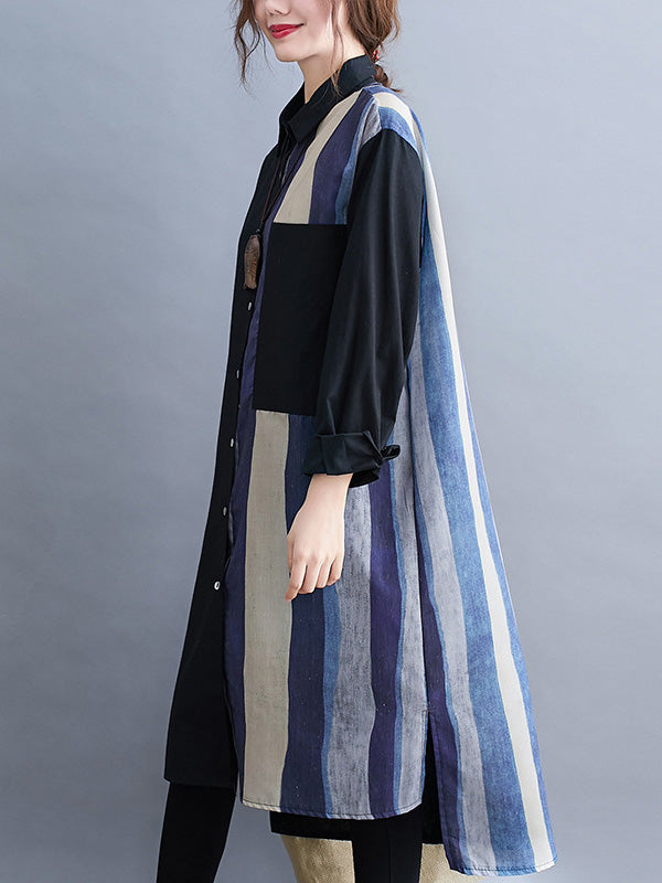 xakxx Original Buttoned Contrast Color Split-Joint Long Sleeves Lapel Blouse