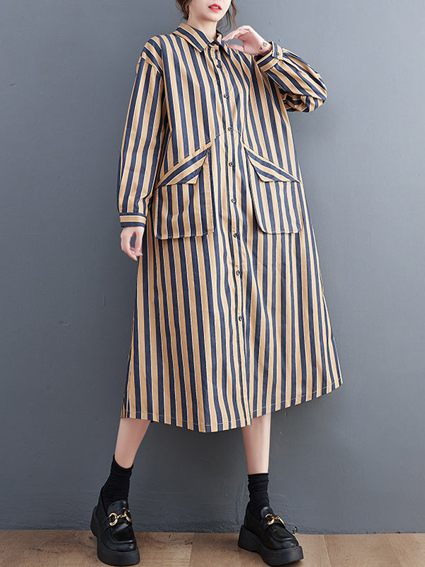 xakxx Original Loose Long Sleeves Buttoned Striped Lapel Collar Midi Shirt Dresses