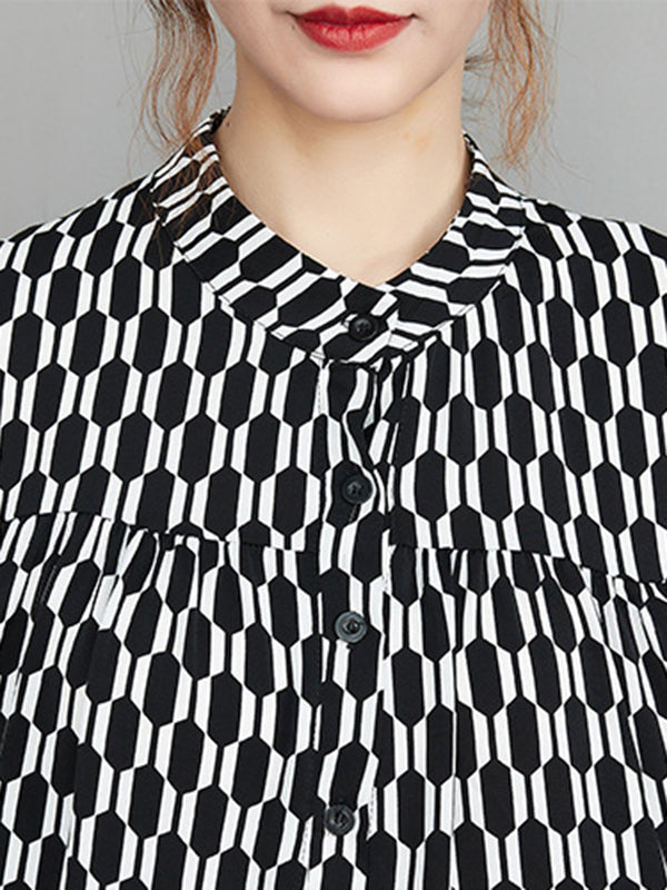 xakxx Casual Long Sleeves Loose Buttoned Contrast Color Printed Split-Joint Stand Collar Midi Dresses